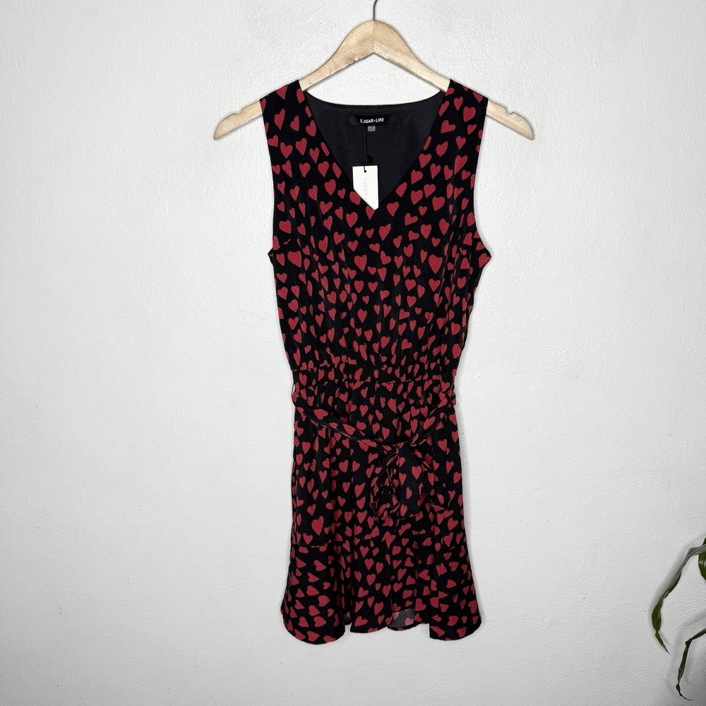 New Sugar Lips Black Red Sleeveless Ruffle Hem Heart Dress Women's XS Retro Love